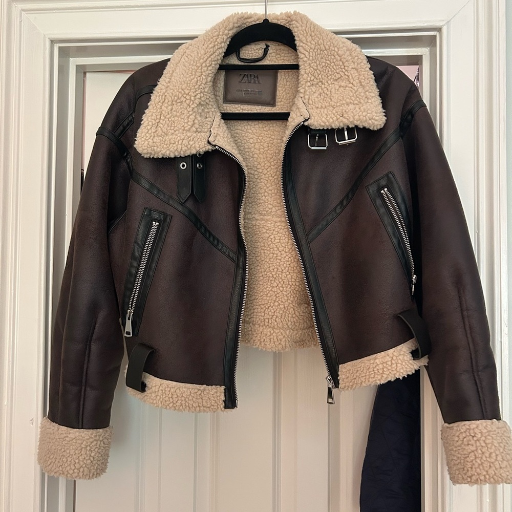 Zara Dark Brown Teddy Jacket with Cream Accents